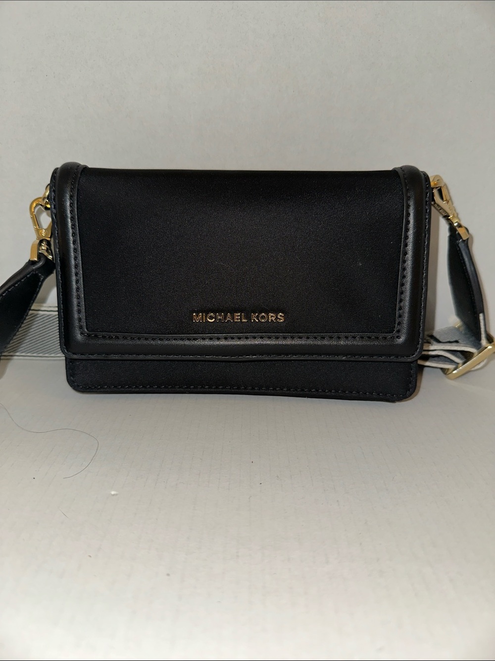 Michael Kors Black Leather Crossbody Card Holder with Branded Strap